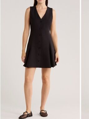 Black V-Neck Button-Front Tie-Back Sleeveless Blazer Office Dress